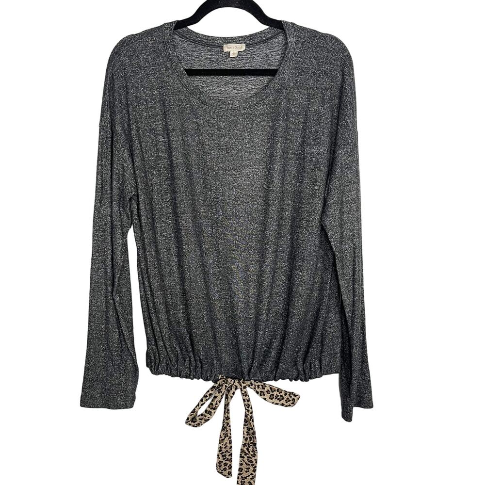 New Hem & Thread Large L Dark Gray Heather Leopard Tie Waist Long Sleeve Top